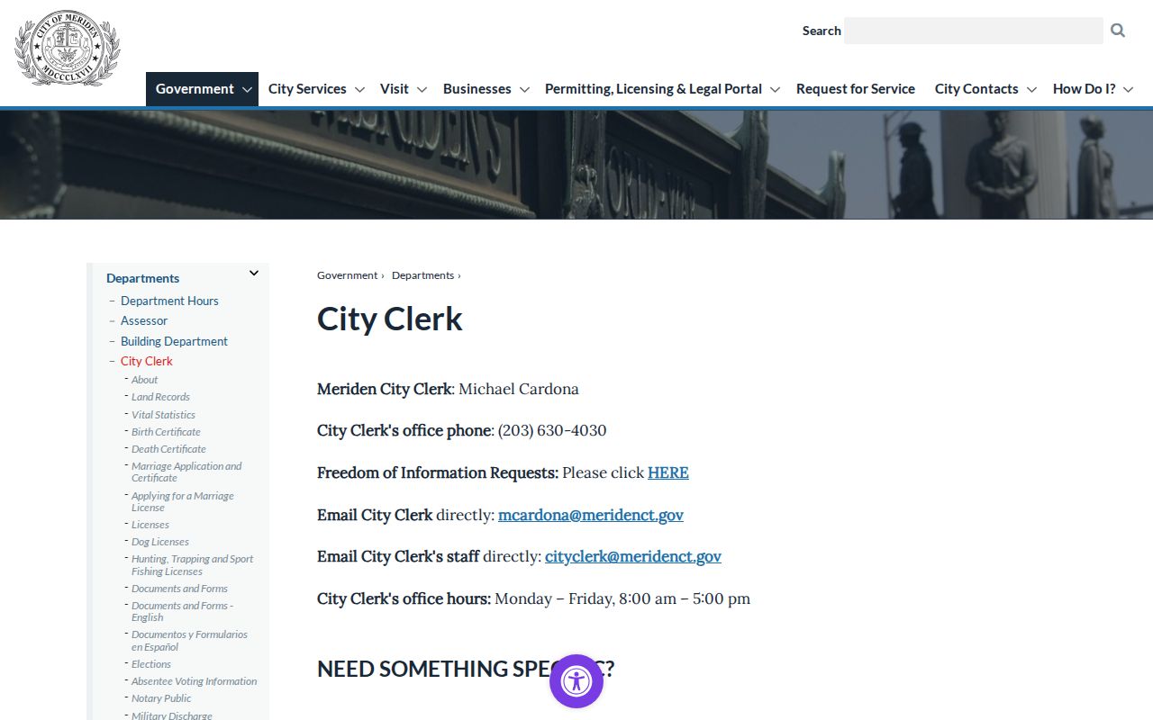 Meriden City Clerk page linking residents to city records and FOIA channels