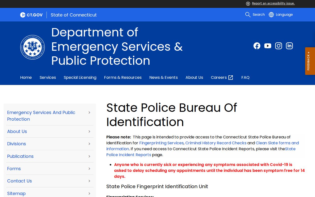 Connecticut State Police Bureau of Identification criminal history services for Meriden