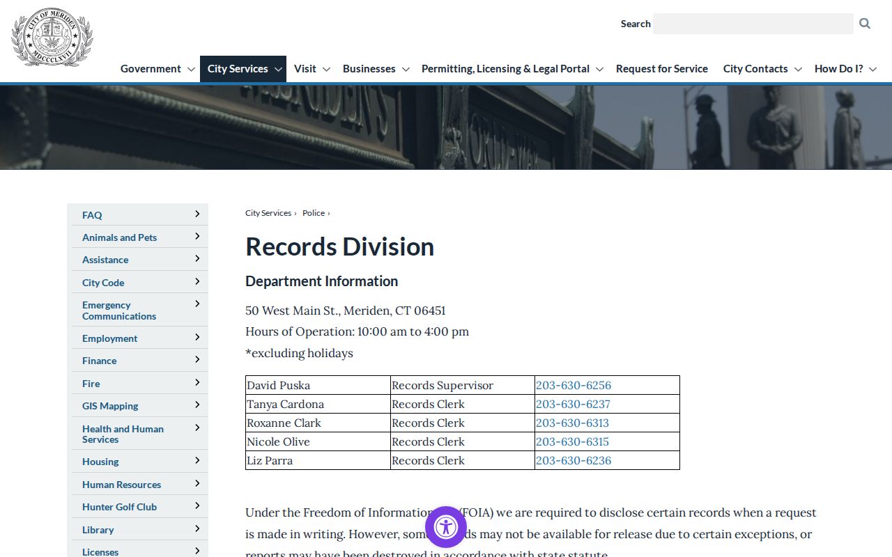 Meriden Police Records Division request and fee information